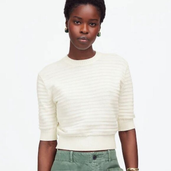 NWT Madewell White Textural-Stitch Cotton Sweater - Size: Large - Picture 1 of 12